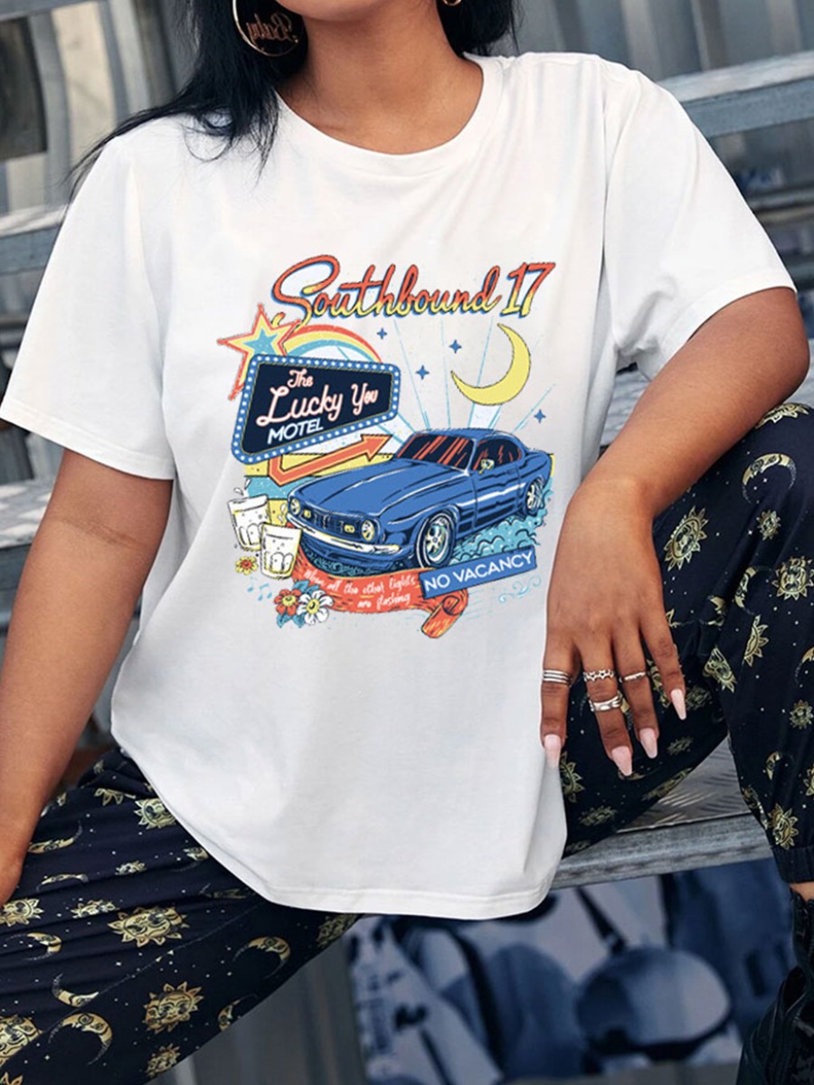 

Lovely Casual Cartoon Letter Print White Plus Size T-shirt