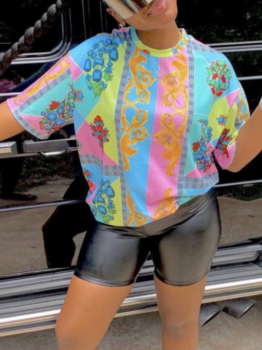 

Lovely Street Dropped Shoulder Print Patchwork Blue T-shirt