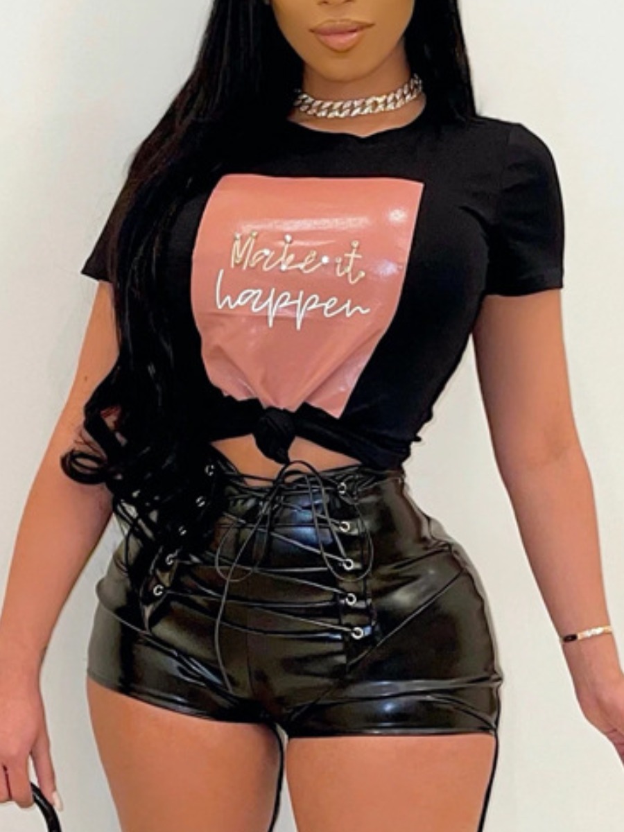 

Lovely Street Letter Print Patchwork Black T-shirt