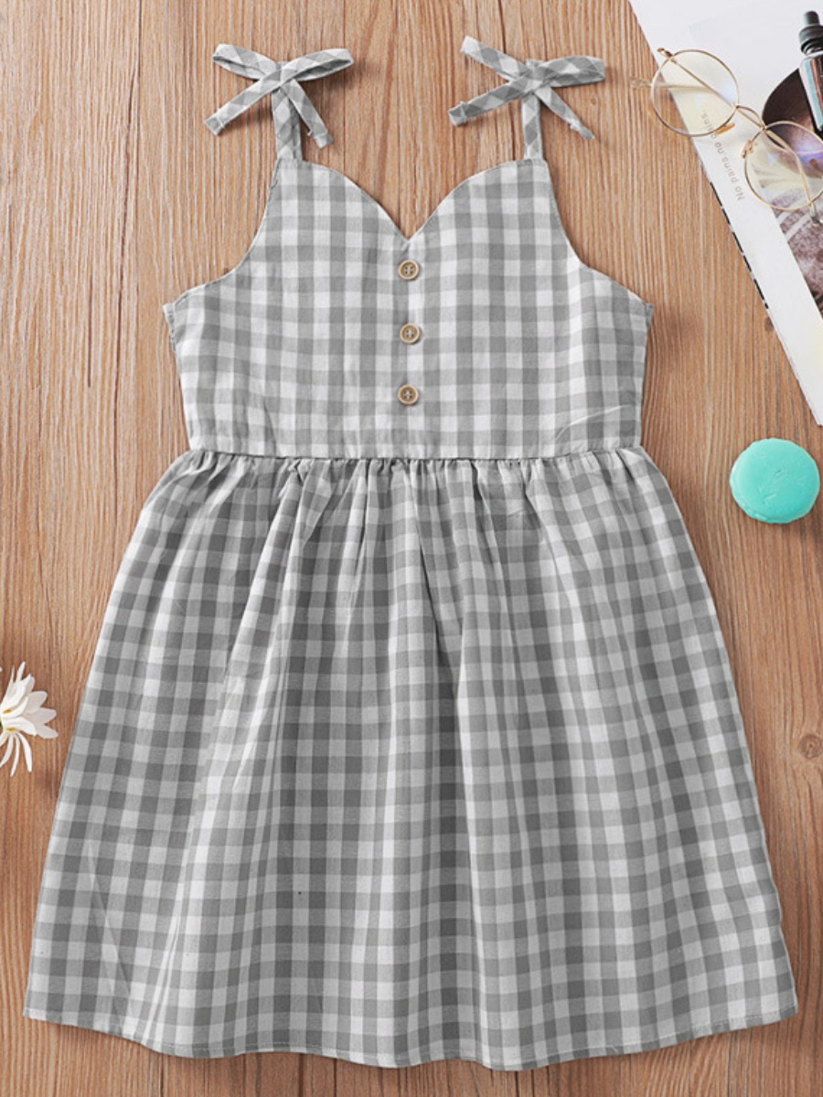 

Lovely Girl Casual Plaid Print Button Design Grey Knee Length Dress