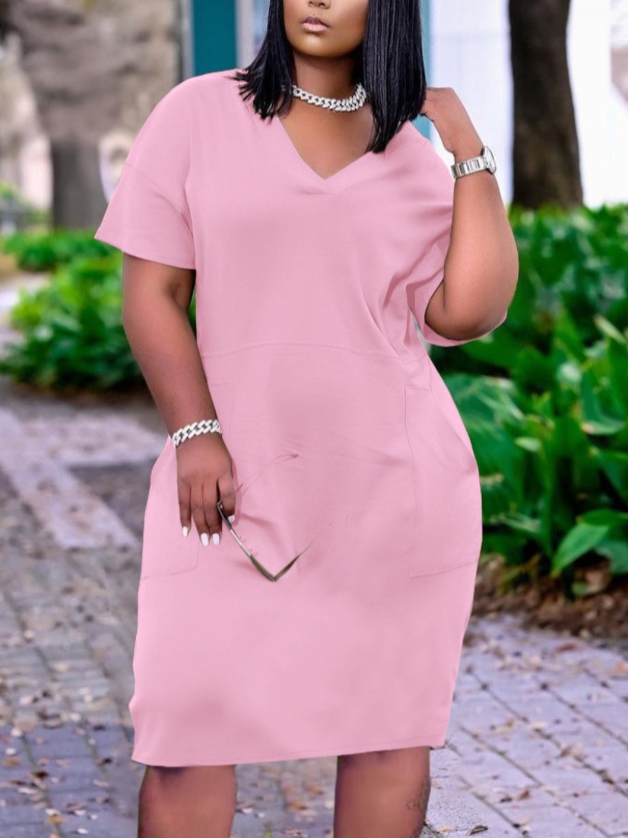 

Lovely Plus Size Casual V Neck Pocket Design Pink Knee Length Dress