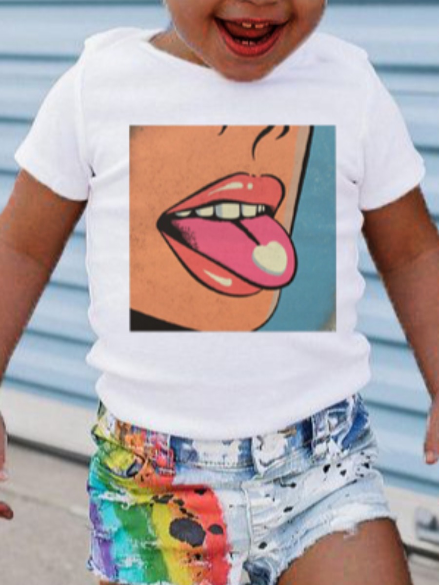

Lovely Girl Casual O Neck Lip Print White T-shirt