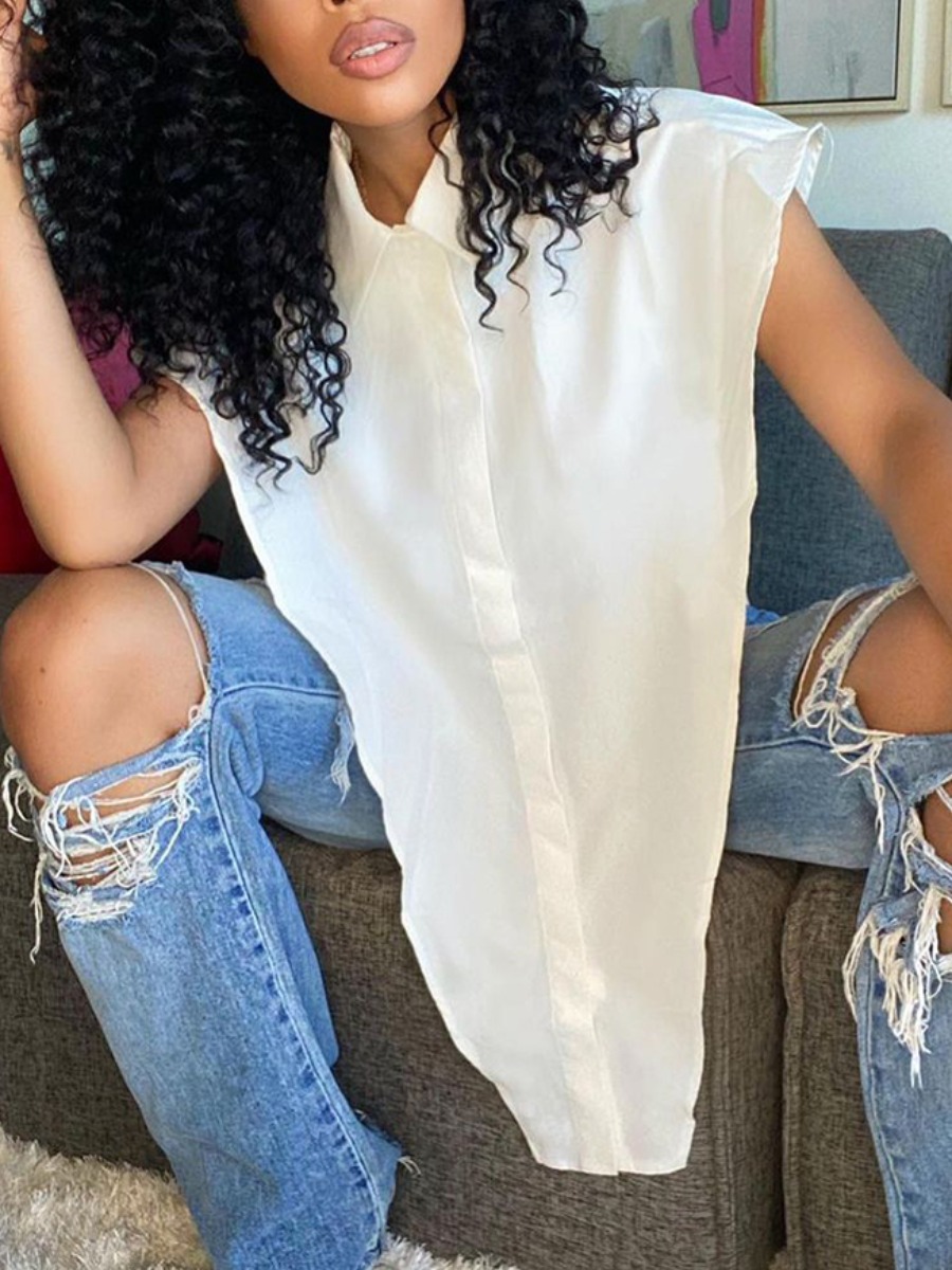 LovelyWholesale Turndown Collar Split Blouse Summer Sleeveless Casual Cut Out Turndown Collar Spring Summer 2024