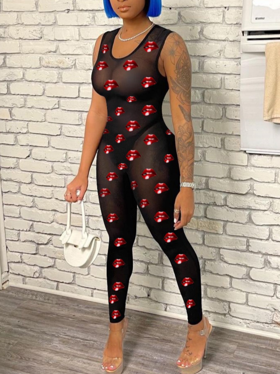 

Lovely Sexy Lip Print See-through Black One-piece Jumpsuit