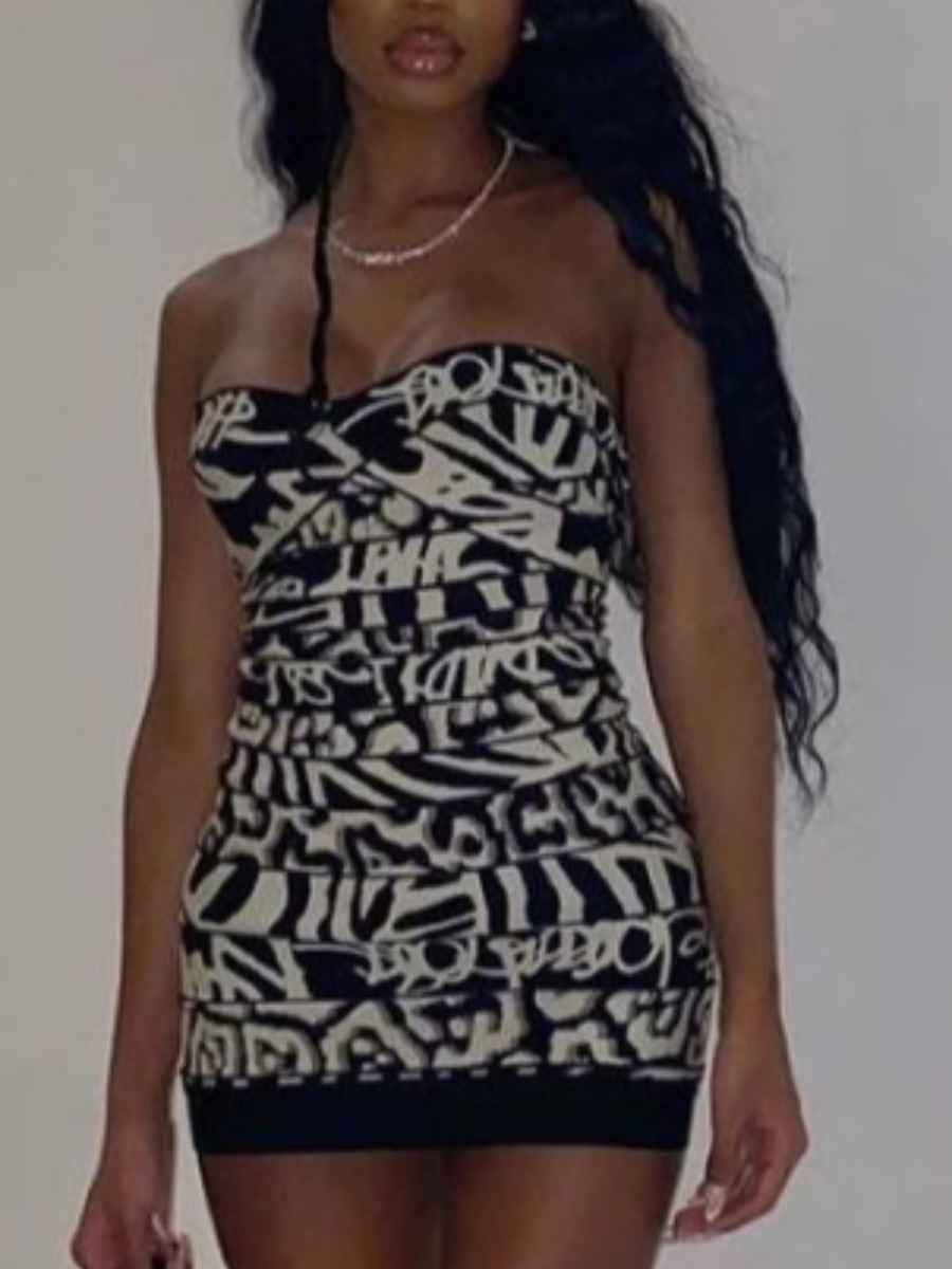 

Lovely Street Off The Shoulder Letter Print Black One-piece Mini Dress