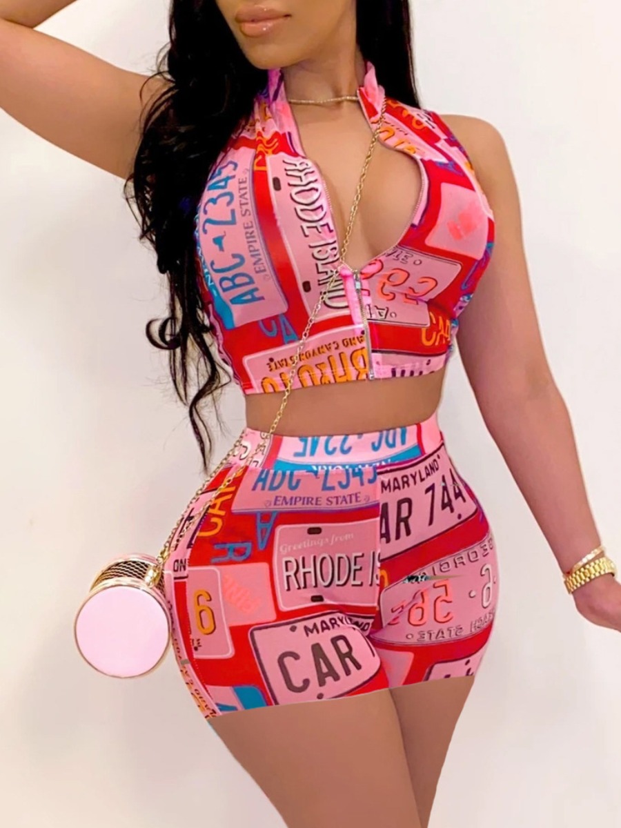 

Lovely Street Letter Print Zipper Design Red Two Piece Shorts Set
