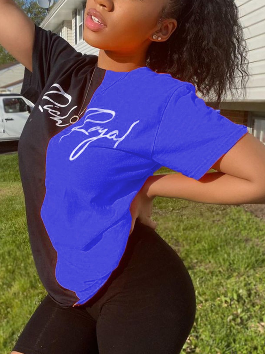 

Lovely Casual O Neck Letter Print Patchwork Blue T-shirt