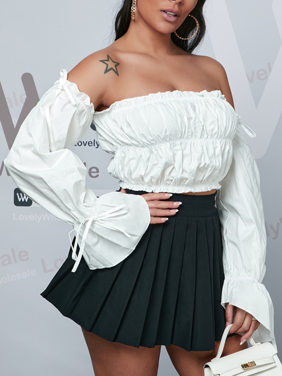 

Lovely Sweet Off The Shoulder Fold Design White Blouse