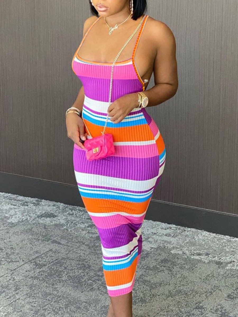 

Lovely Sexy Backless Striped Multicolor Mid Calf Dress, Multi