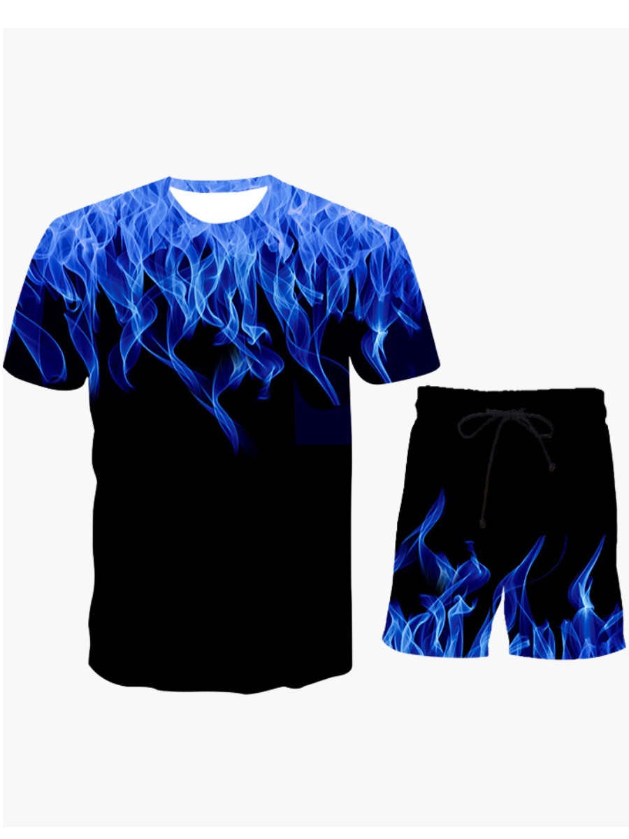 

Lovely Men Casual Flame Print Drawstring Blue Two Piece Shorts Set