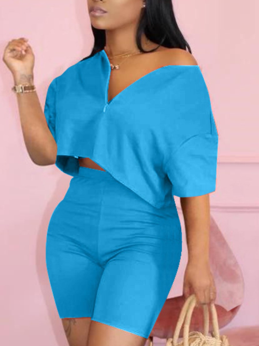 

LW Casual V Neck Elastic Blue Two Piece Shorts Set