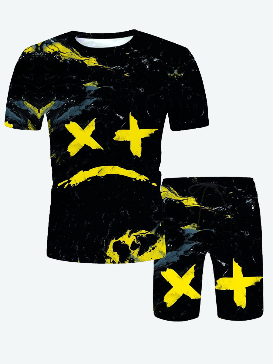 

Lovely Men Street Graffiti Print Patchwork Yellow Two Piece Shorts Set