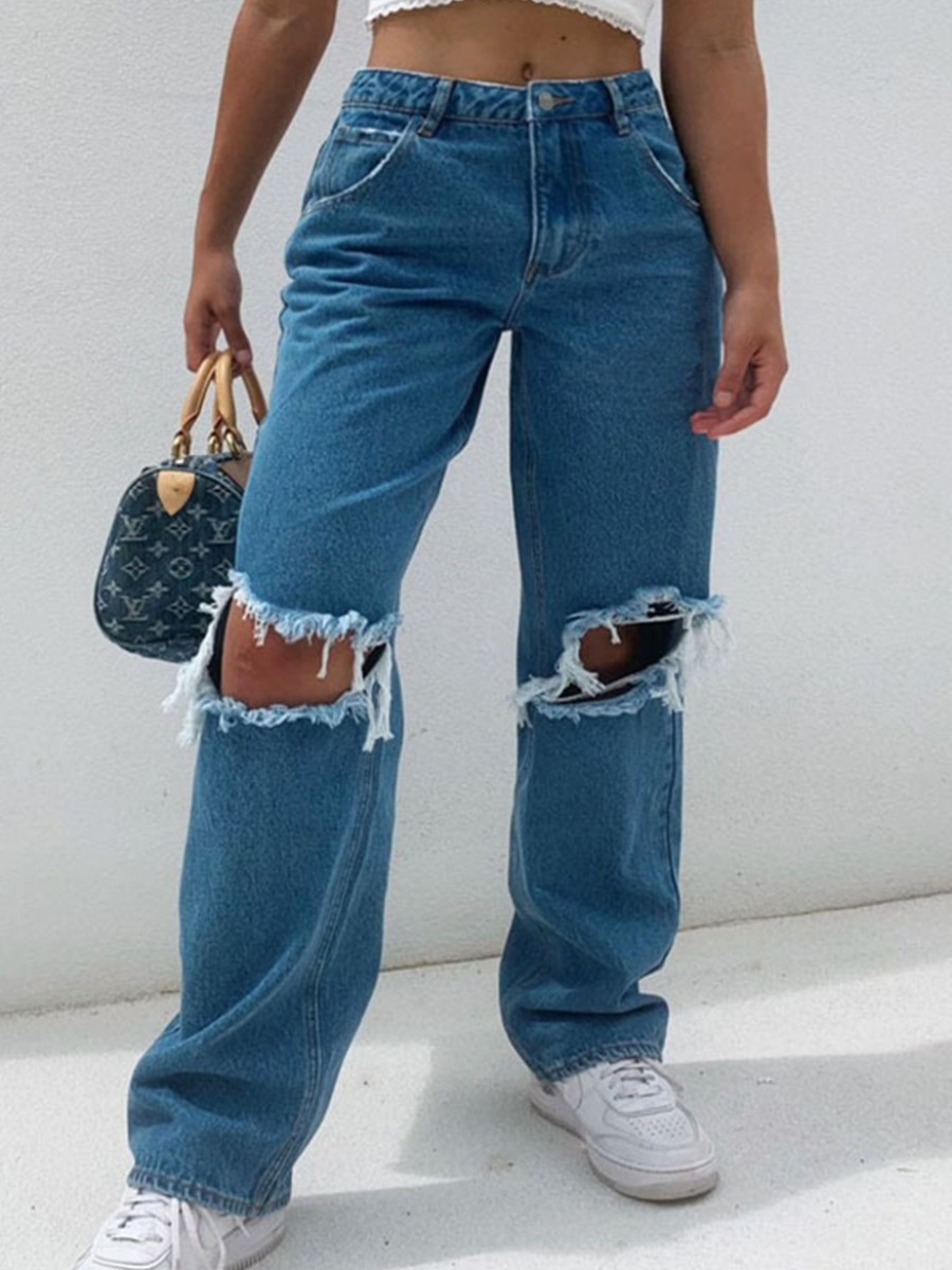 

Lovely Street Mid Waist Ripped Deep Blue Jeans