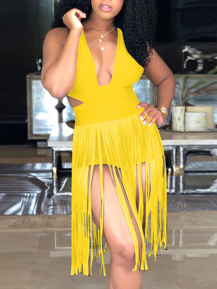 

Lovely Boho Backless Tassel Design Yellow One-piece Swimsuit