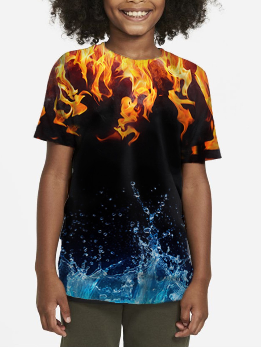 

Lovely Boy Street Splash Water Flame Print Black T-shirt