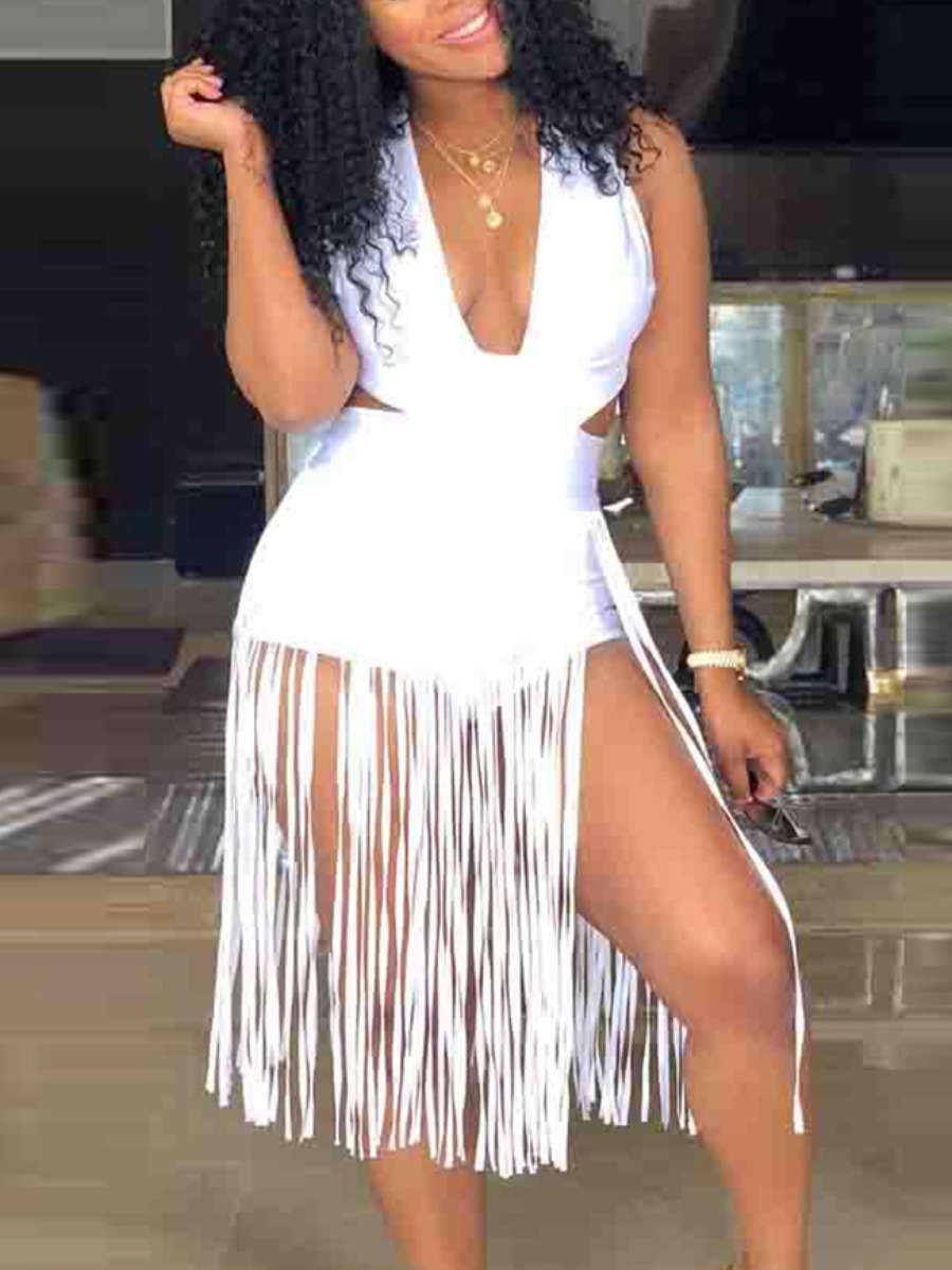 

Lovely Boho Backless Tassel Design White One-piece Swimsuit