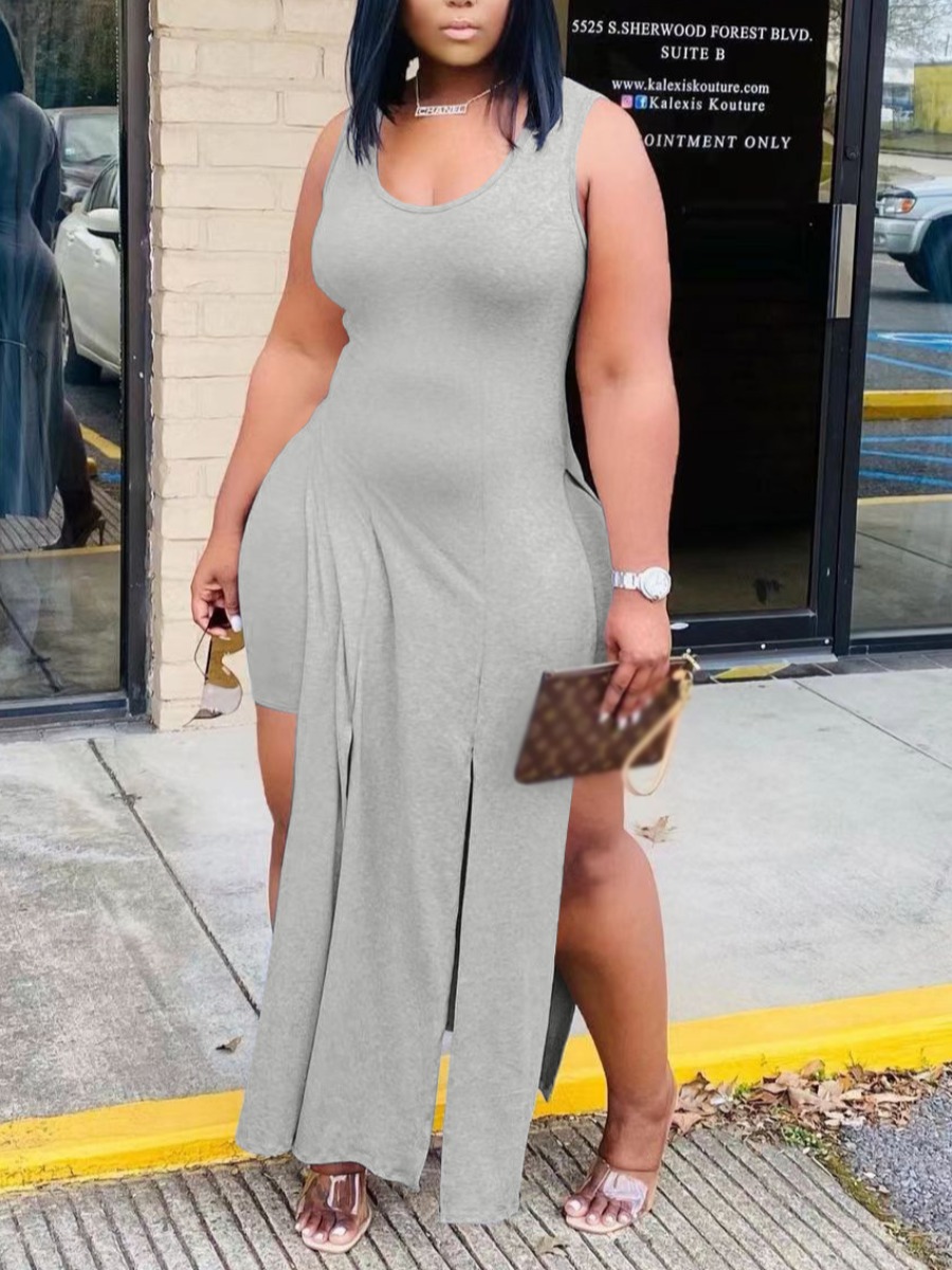 Lovely Casual O Neck Split Grey Two Piece Shorts Set
