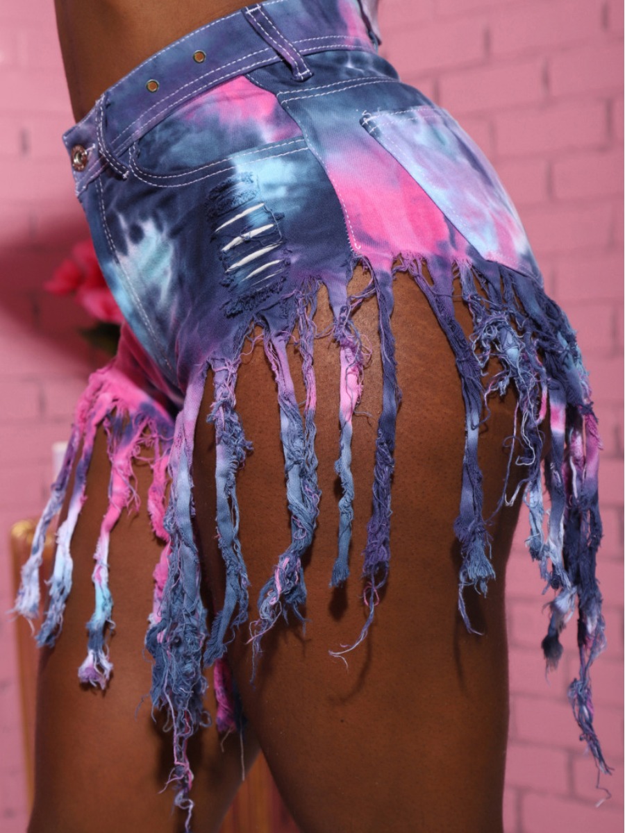 

Lovely Street Tie-dye Tassel Design Blue Plus Size Denim Shorts