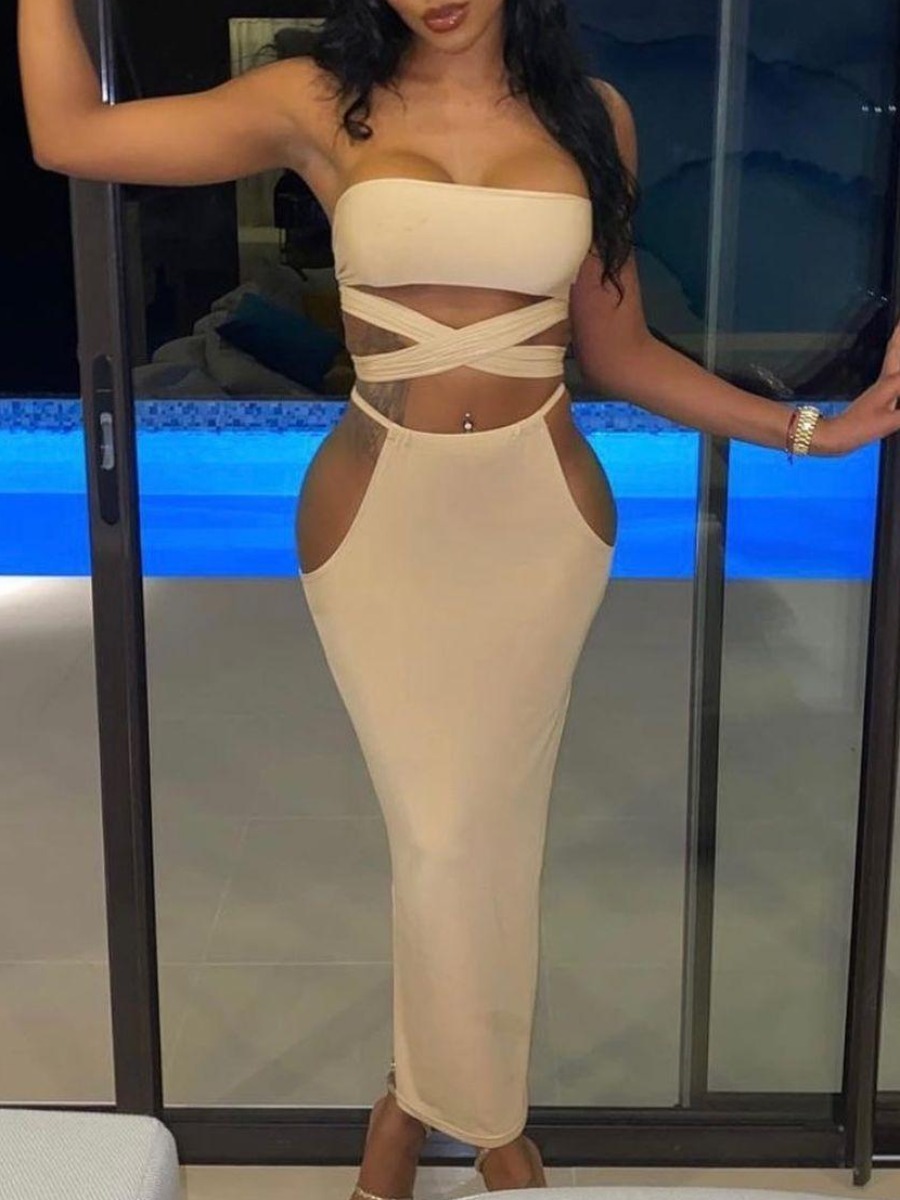 

Lovely Sexy Off The Shoulder Bandage Design Apricot Two Piece Skirt Set