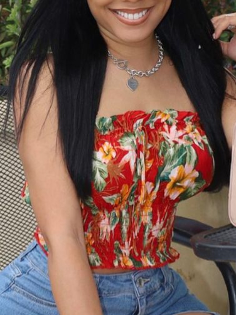 

Lovely Sweet Floral Print Fold Design Red Camisole