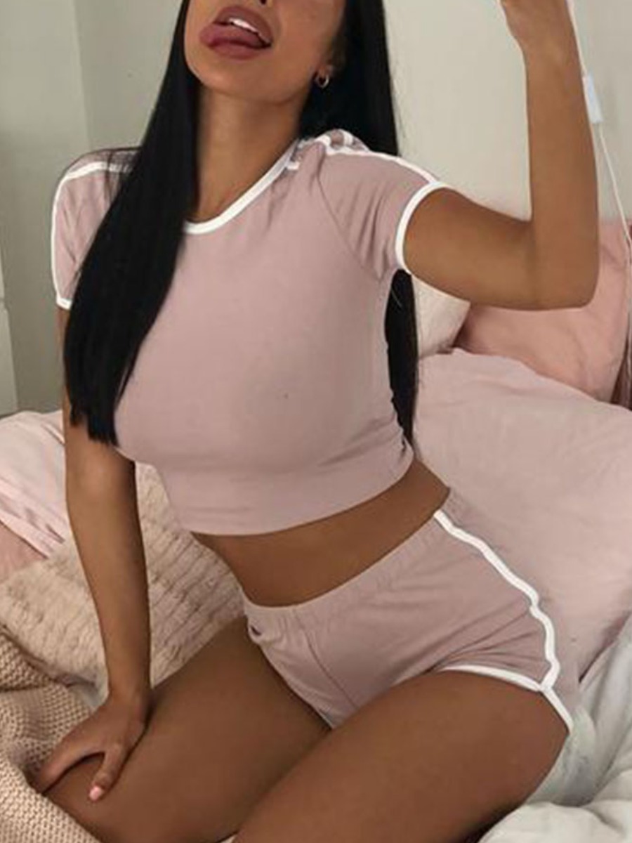 

Lovely Sporty O Neck Patchwork Khaki Two Piece Shorts Set