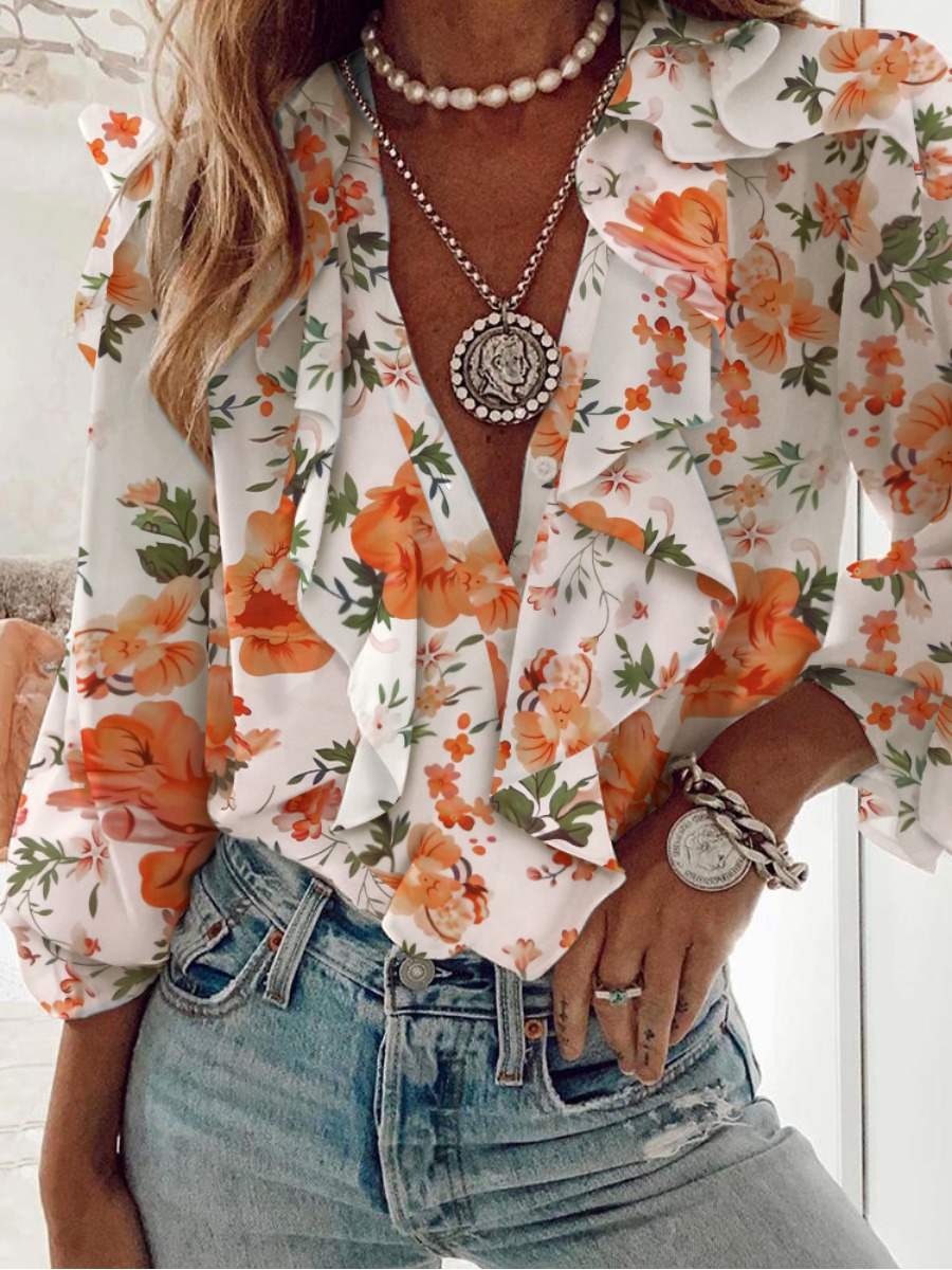 

Lovely Sweet Floral Print Flounce Design Orange Blouse