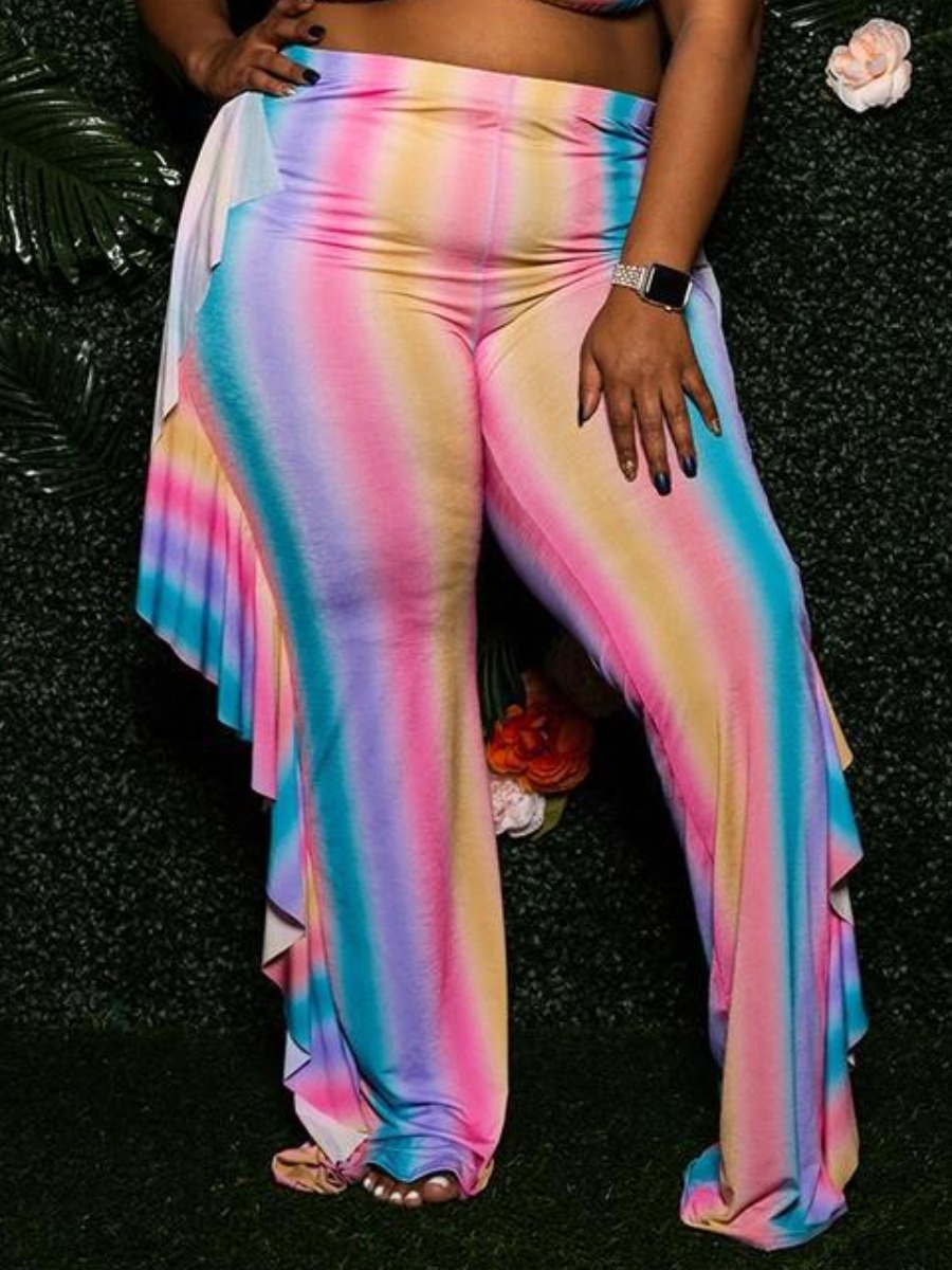 

LW Plus Size Boho Flounce Design Gradient Multicolor Pants, Multi