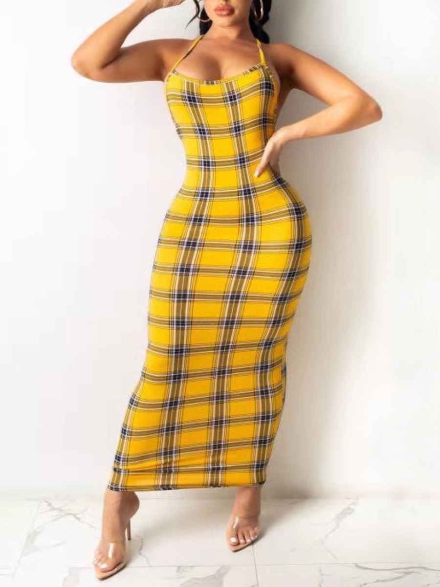 

Lovely Sweet Plaid Print Backless Yellow Ankle Length Dress