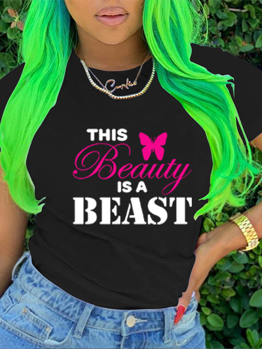 LovelyWholesale Round Neck Butterfly Letter Print T-shirt Summer Short Sleeve Casual Round Neck Spring Summer 2024