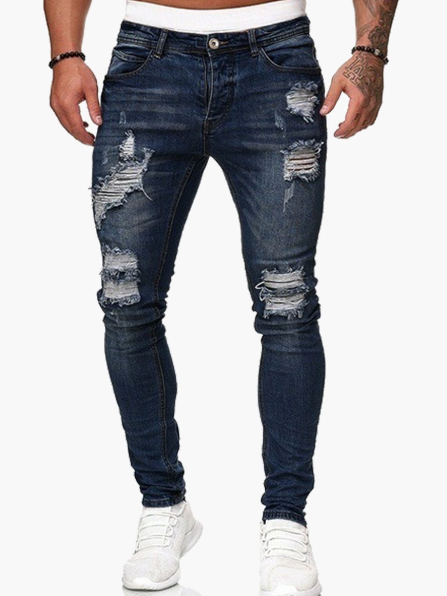 

Lovely Men Street Mid Waist Ripped Deep Blue Jeans
