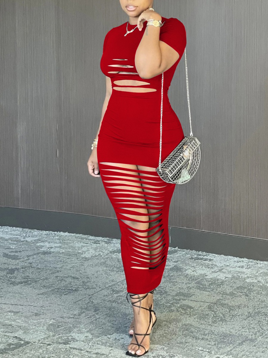 

Lovely Street O Neck Ripped Red Mid Calf Dress