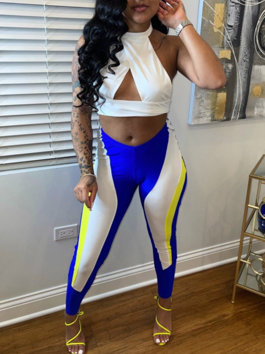 

Lovely Sporty Hollow-out Color-lump Patchwork Blue Two Piece Pants Set