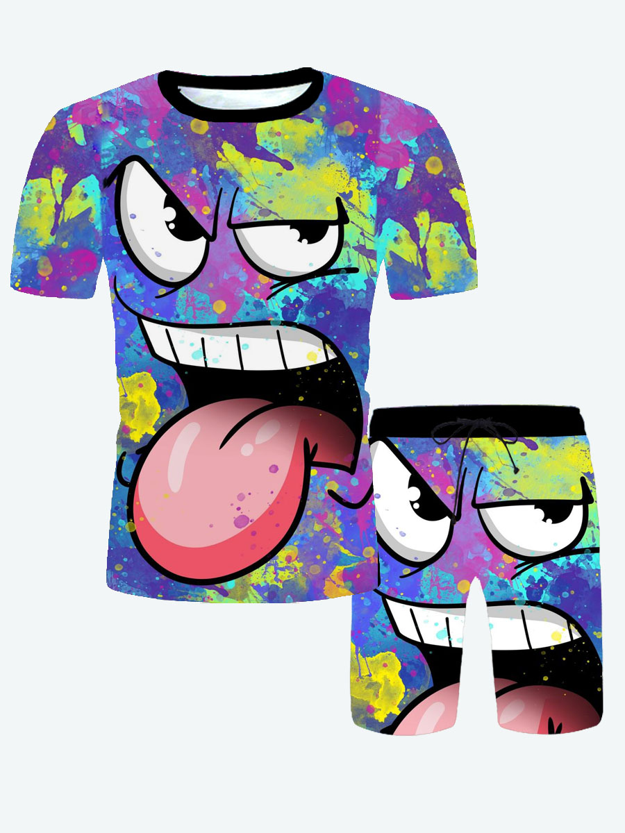 

LW Men Street Cartoon Print Tie-dye Multicolor Two Piece Shorts Set, Multi