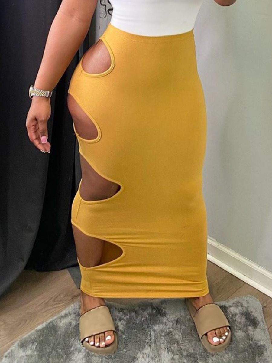 

Lovely Sexy Hollow-out Skinny Yellow Ankle Length Skirt