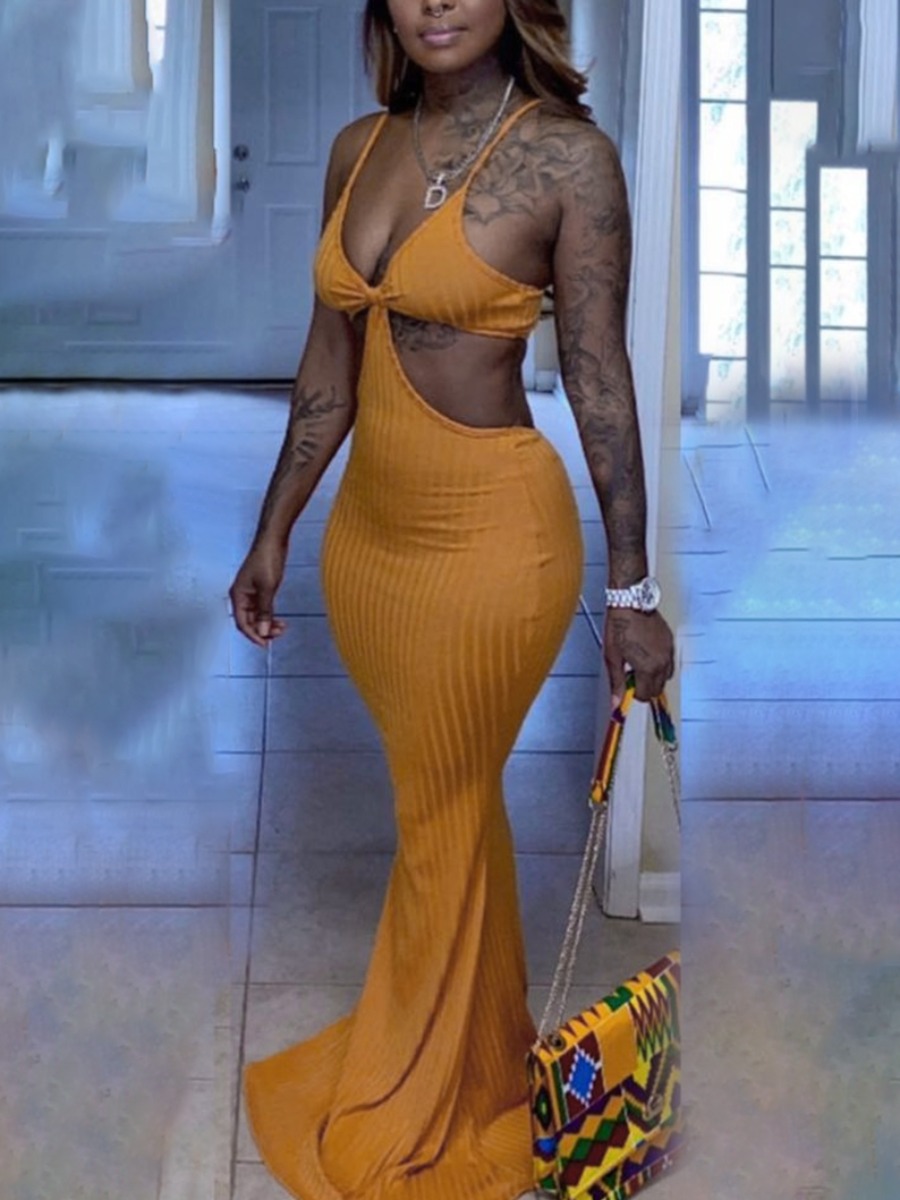 

Lovely Plus Size Sexy Rib-Knit Hollow-out Croci Floor Length Dress, Yellow