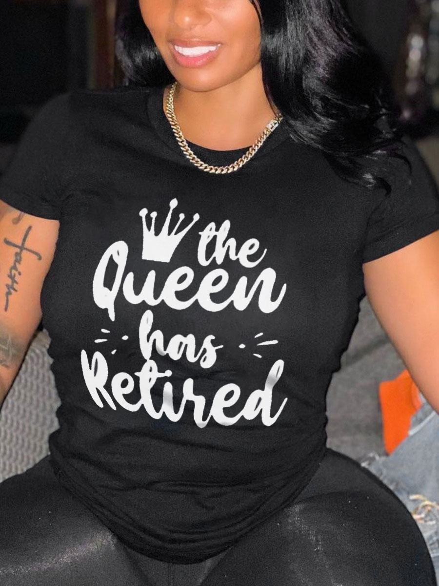 

Lovely Casual Crown Letter Print Black Plus Size T-shirt