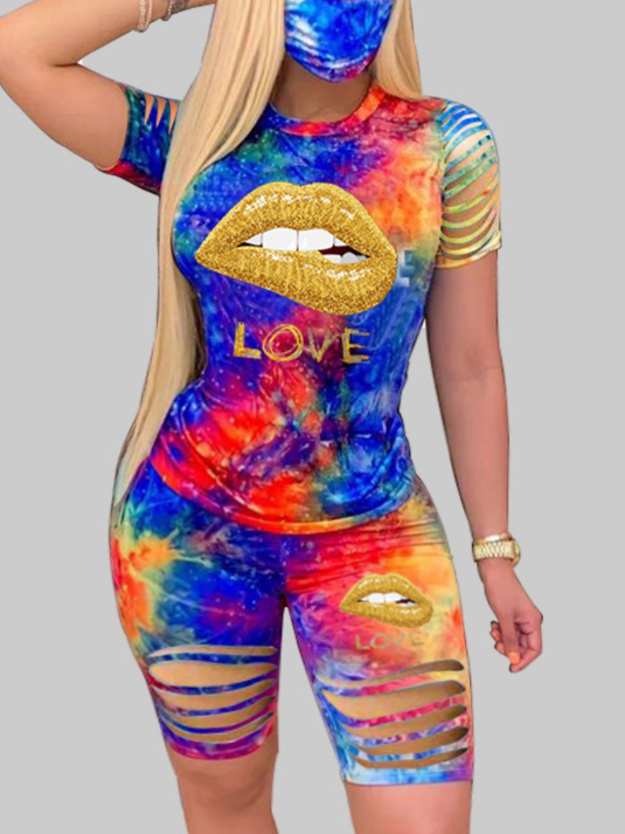 

Lovely Plus Size Street Lip Print Tie-dye Ripped Blue Two-piece Shorts Set