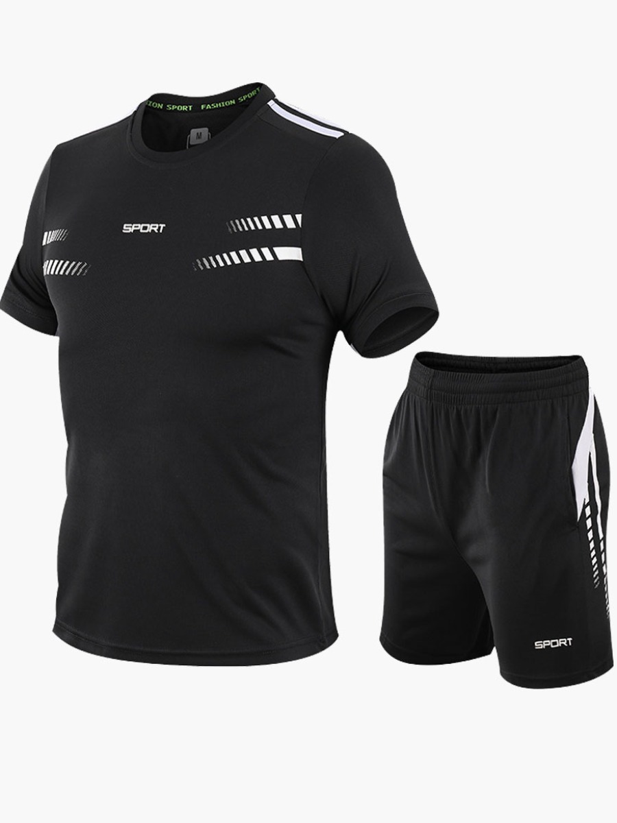 

Lovely Men Sporty O Neck Letter Print Black Two Piece Shorts Set