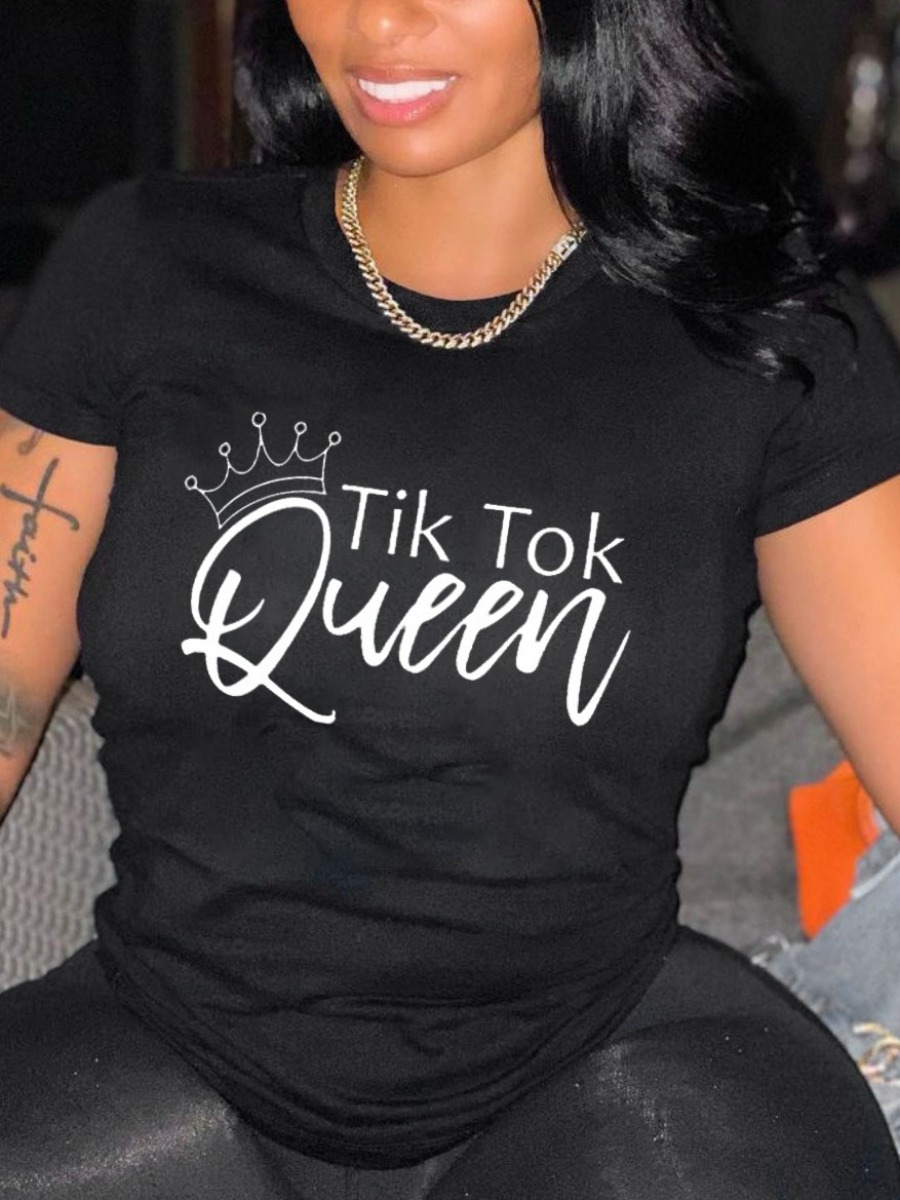 

Lovely Plus Size Casual Crown Letter Print Black T-shirt