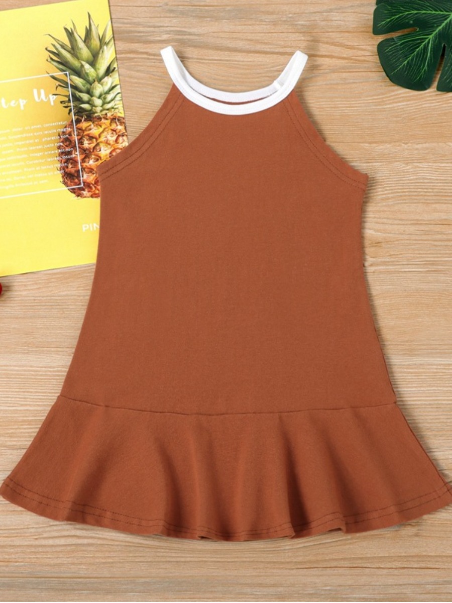 

Lovely Girl Casual O Neck Flounce Design Brown Knee Length Dress