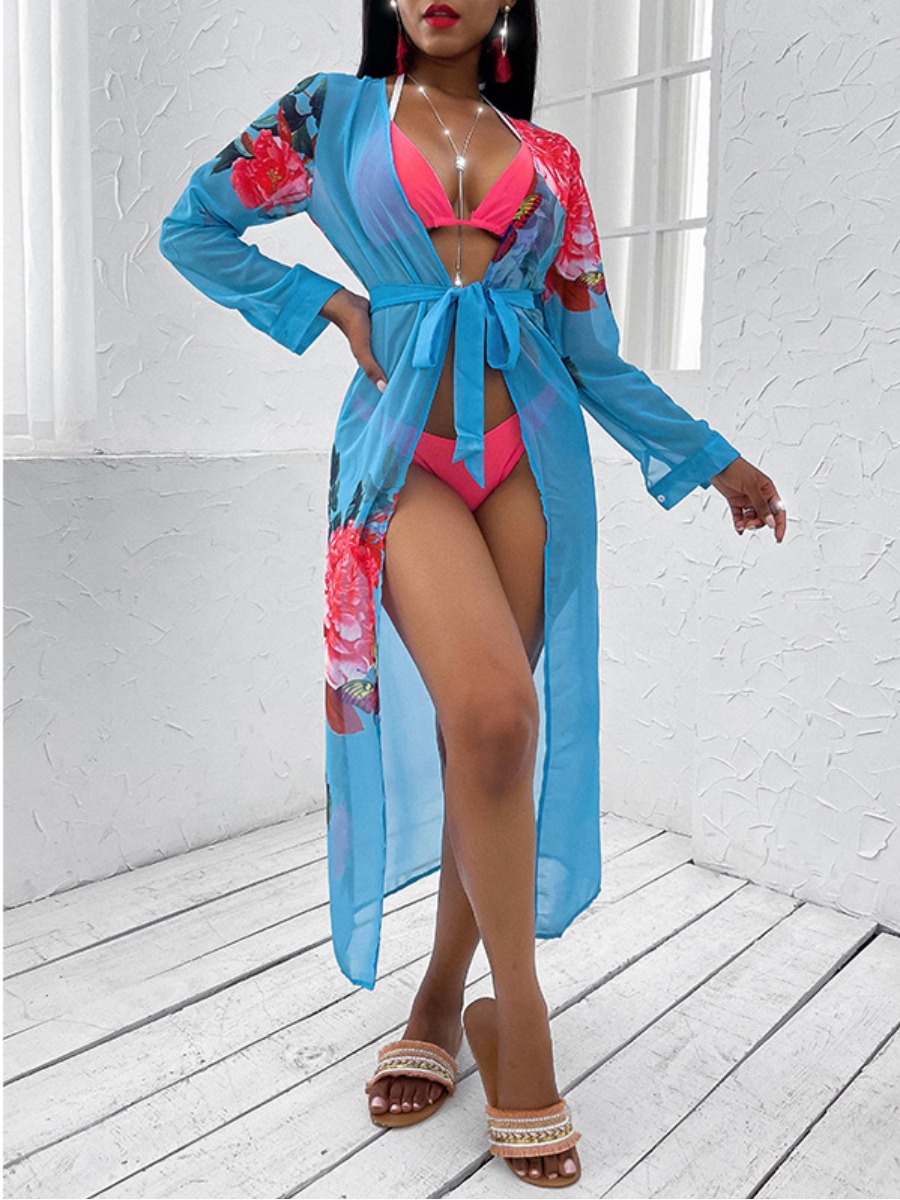

Lovely Boho See-through Bandage Design Multicolor Three-piece Swimsuit, Multi