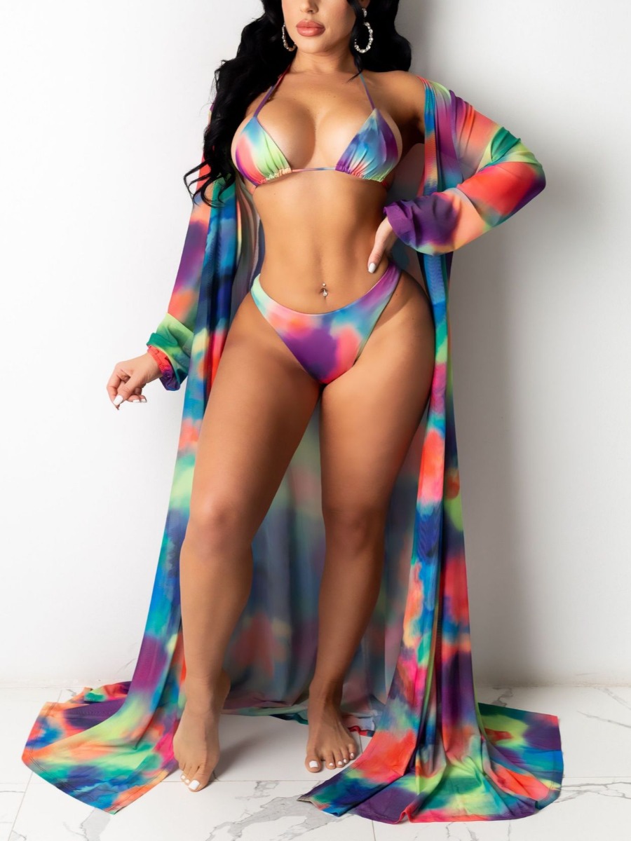 

Lovely Boho Tie-dye Bandage Design Multicolor Three-piece Swimsuit, Multi