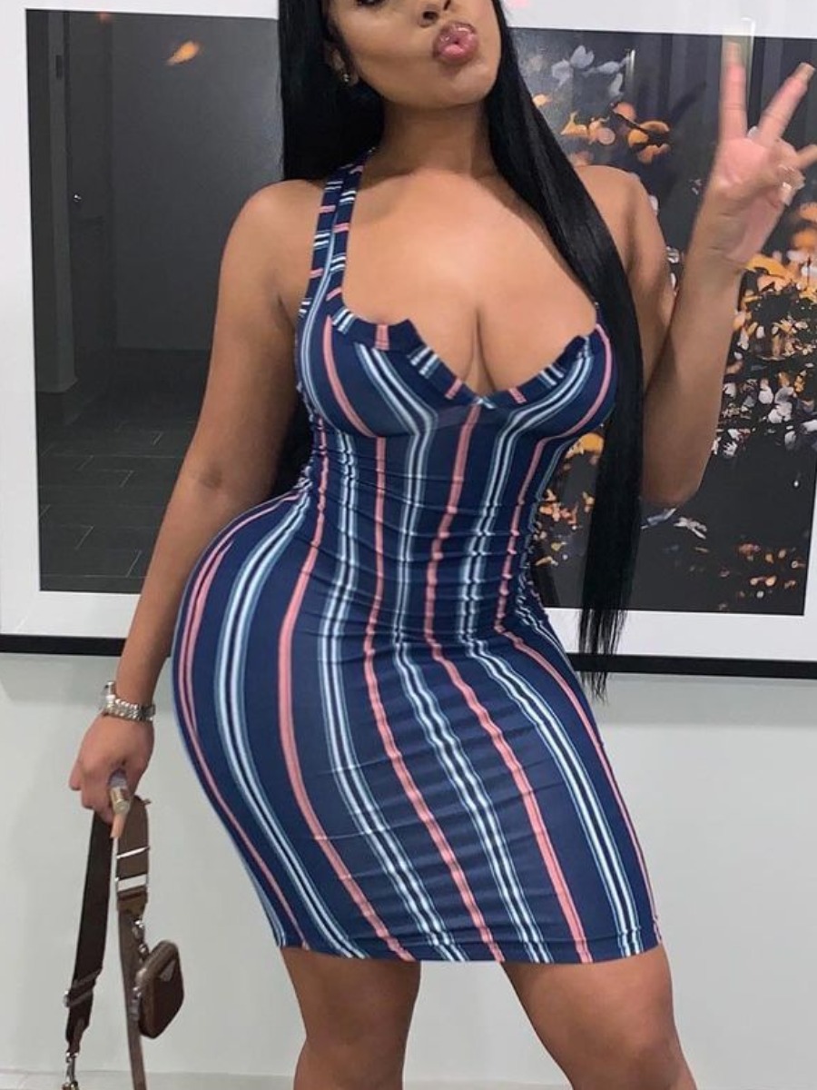 

LW SXY V Neck Striped Blue Mini Dress, Blue stripe
