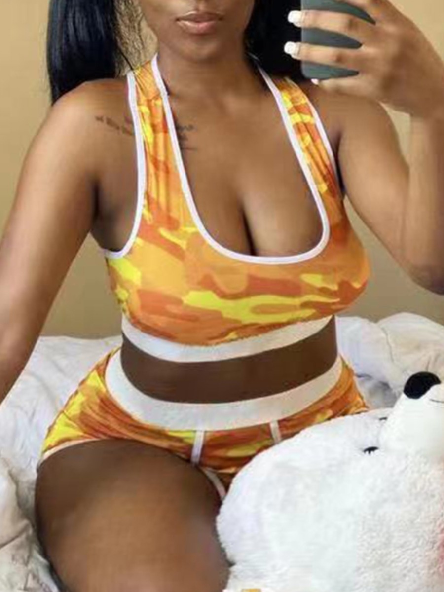 

Lovely Sporty Camo Print Drawstring Yellow Plus Size Two-piece Shorts Set