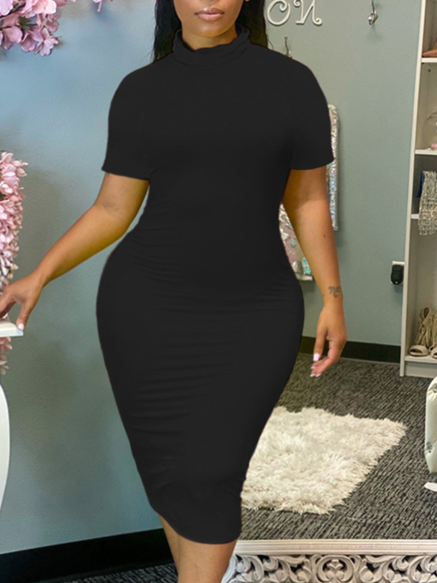 

Lovely Plus Size Casual Turtleneck Plain Black Knee Length Dress