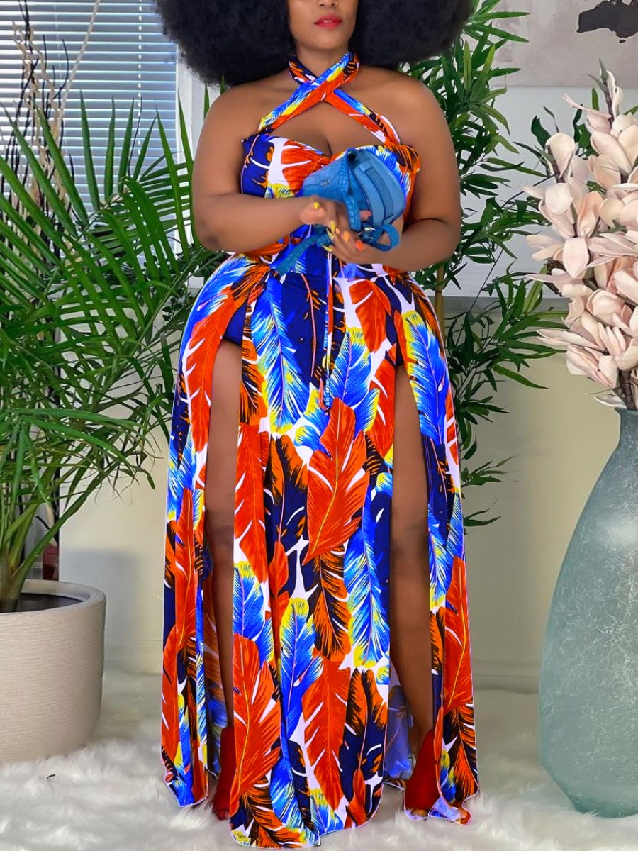 LW Plus Size Boho Floral Print High Split Red Floor Length Dress