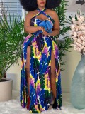 LW Plus Size Boho Floral Print High Split Blue Floor Length Dress