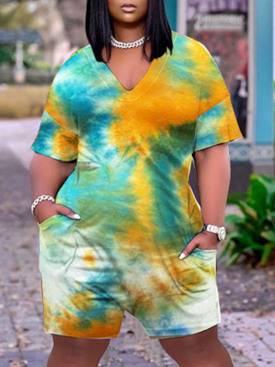 

LW Plus Size Street V Neck Tie-dye Green One-piece Romper