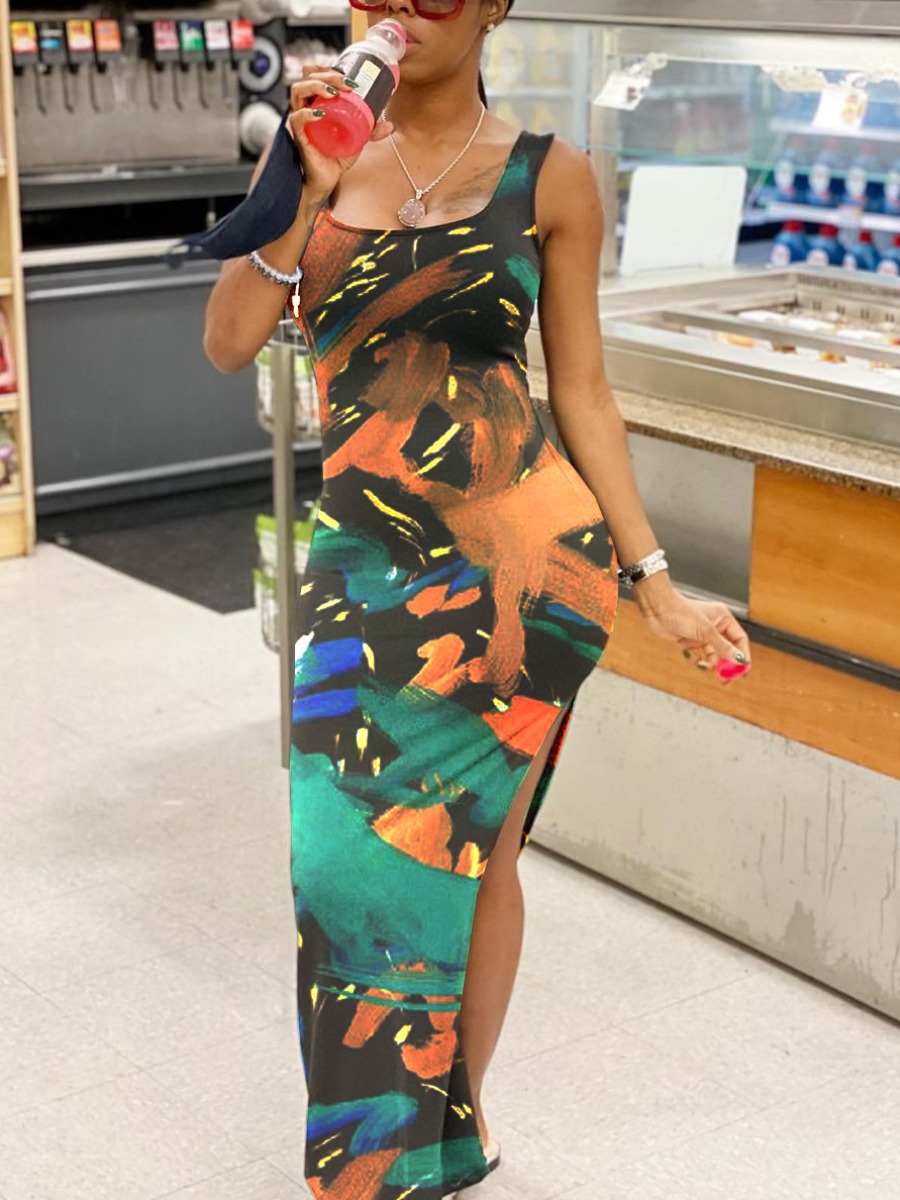 

LW Casual Tie-dye Split Multicolor Floor Length Dress, Multi