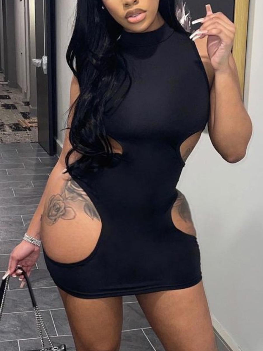 

Lovely Sexy Half A Turtleneck Hollow-out Black Mini Dress